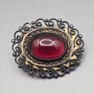 Antique Sterling Silver Purple Glass Brooch/Pendant 1.5" Rope & Scrolled Details